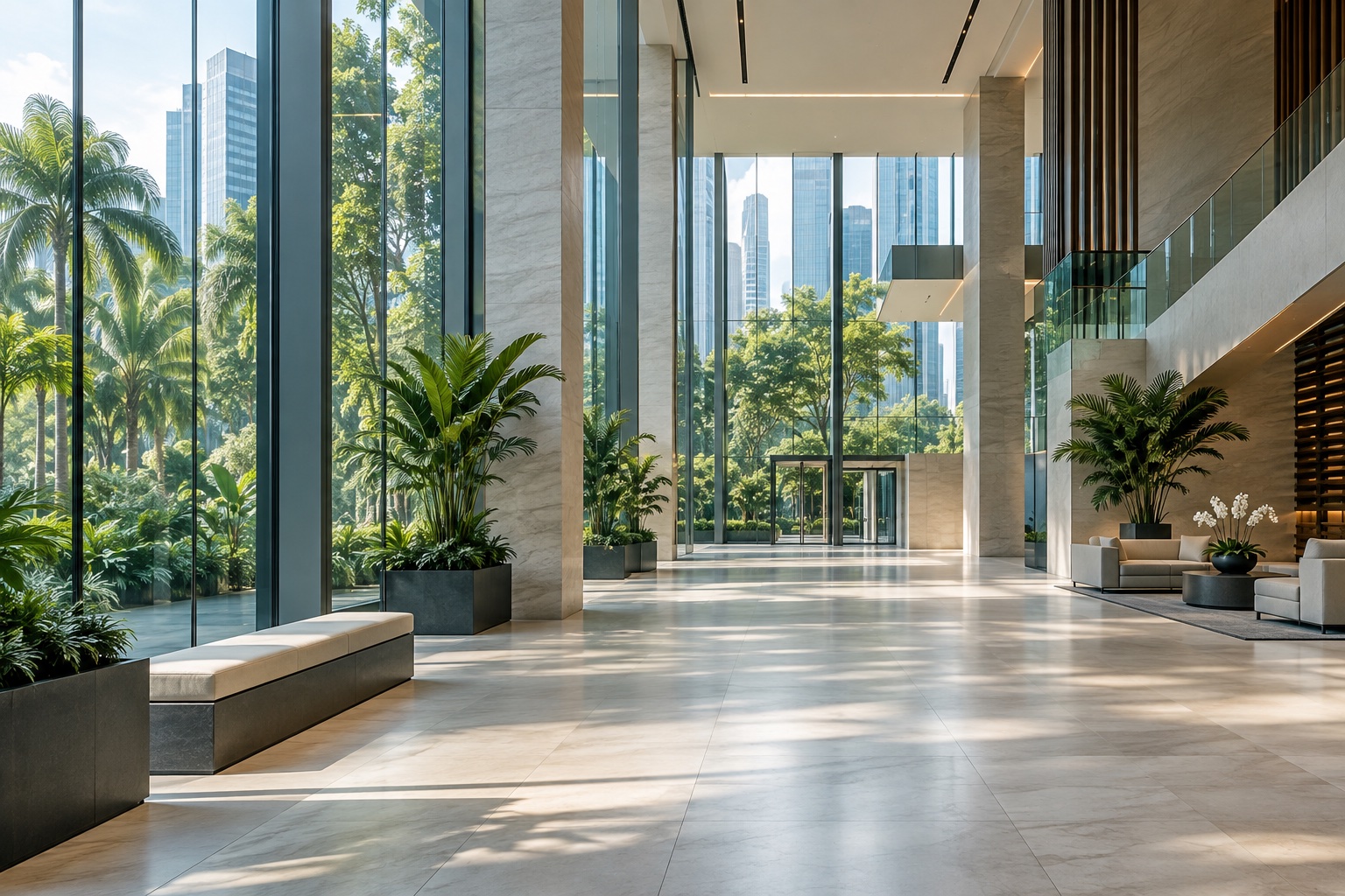 Illustrative modern commercial atrium with clean stone floors
