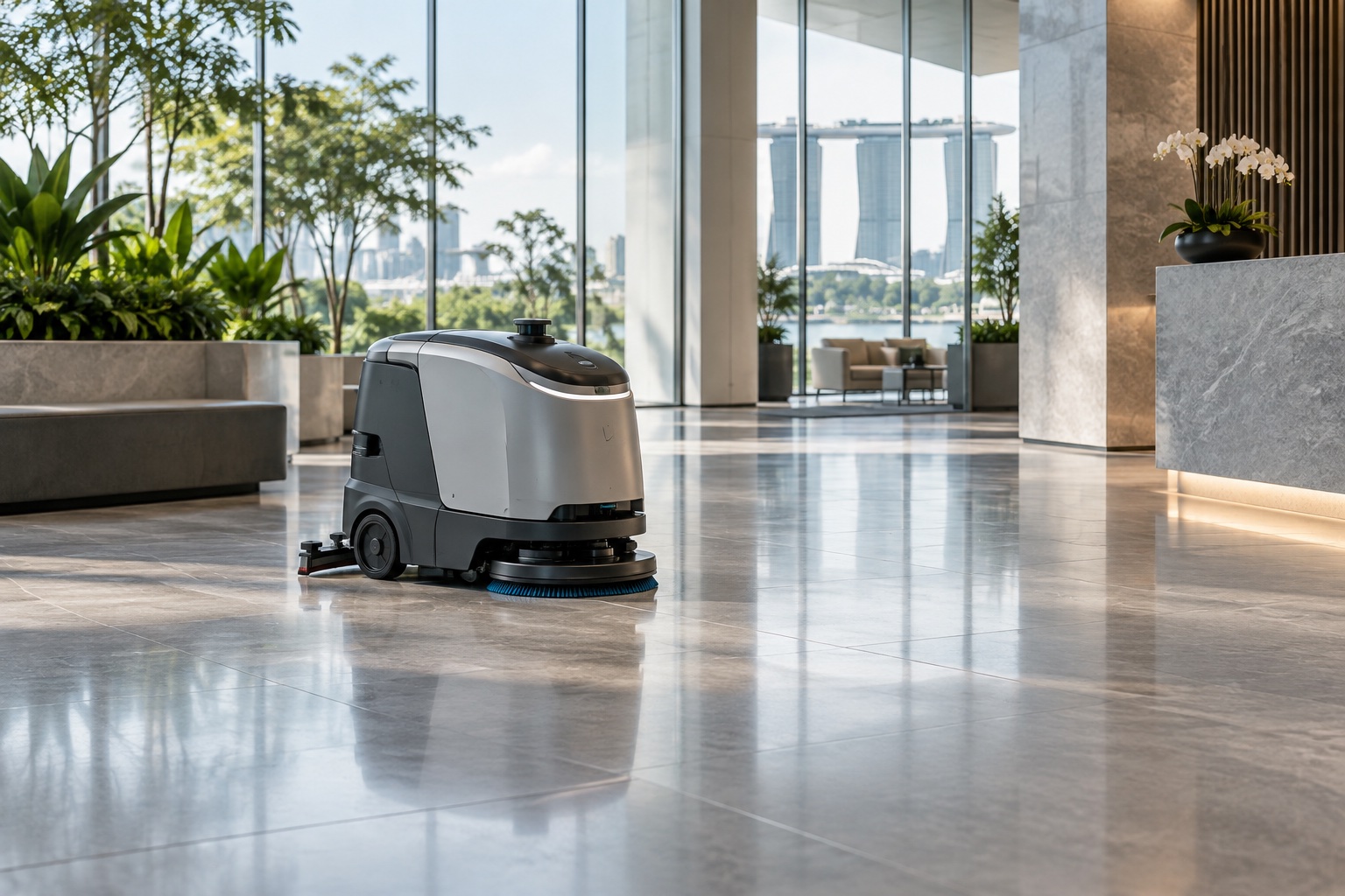 Illustrative autonomous floor-cleaning equipment in a commercial lobby